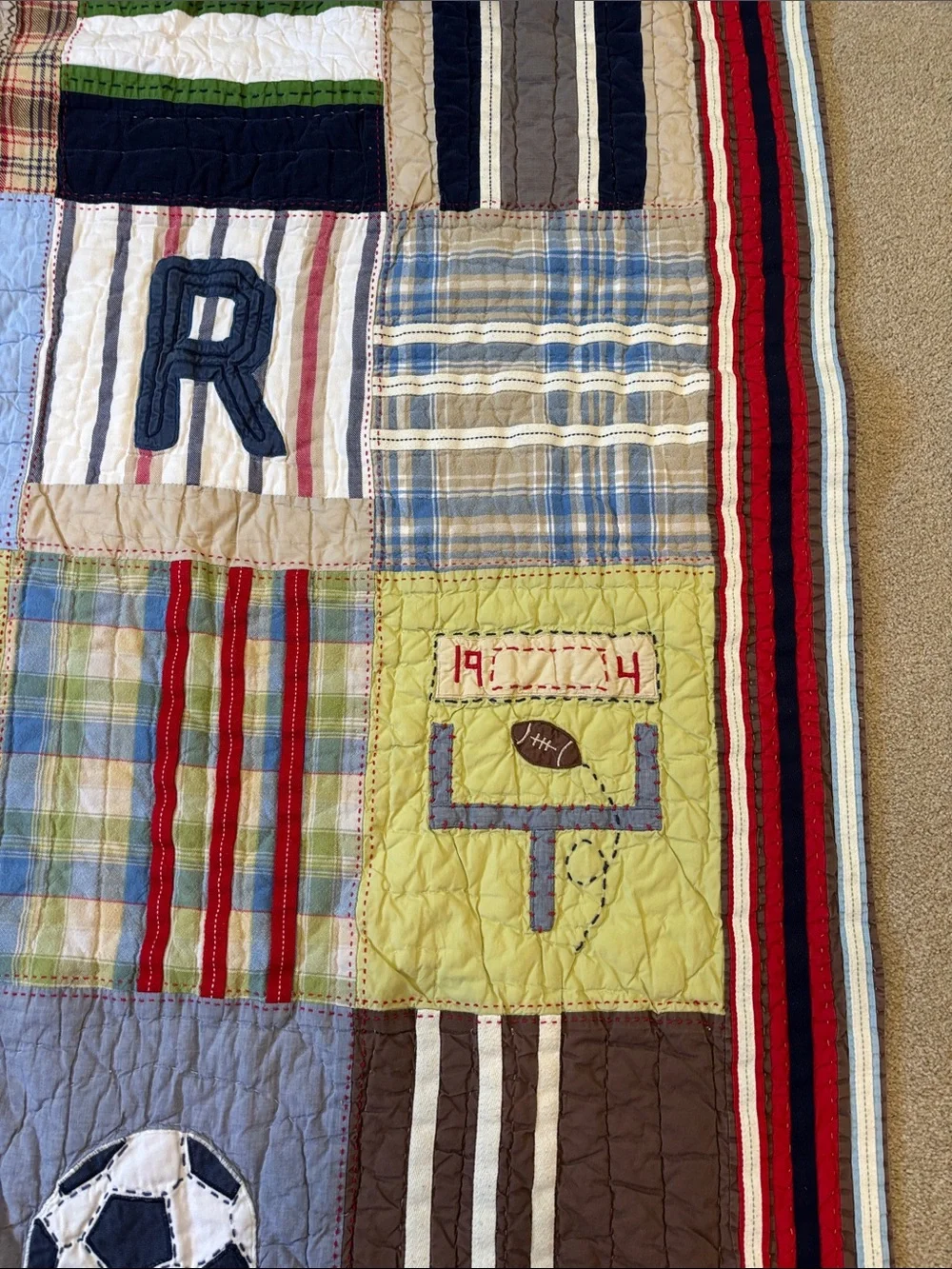 Pottery Barn Teen Sports Patchwork Quilt - Navy, Brown, Green, Red, Blue, Tan